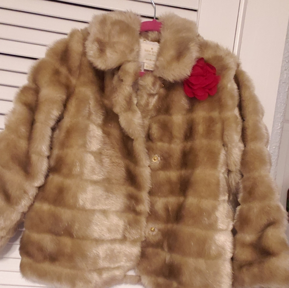 Kate Spade tan faux fur jacket w/red flower